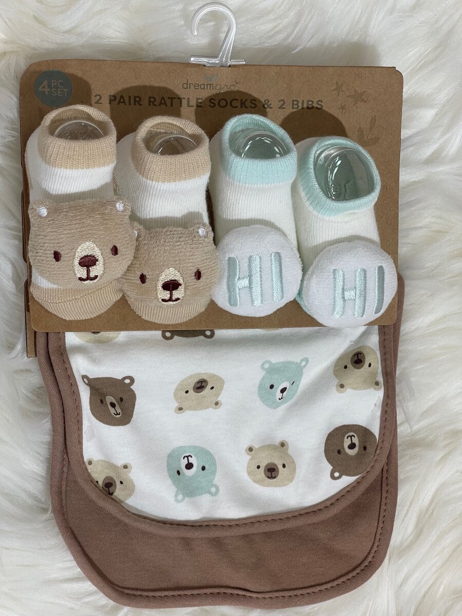 Two pair of Rattle socks and 2 Bibs