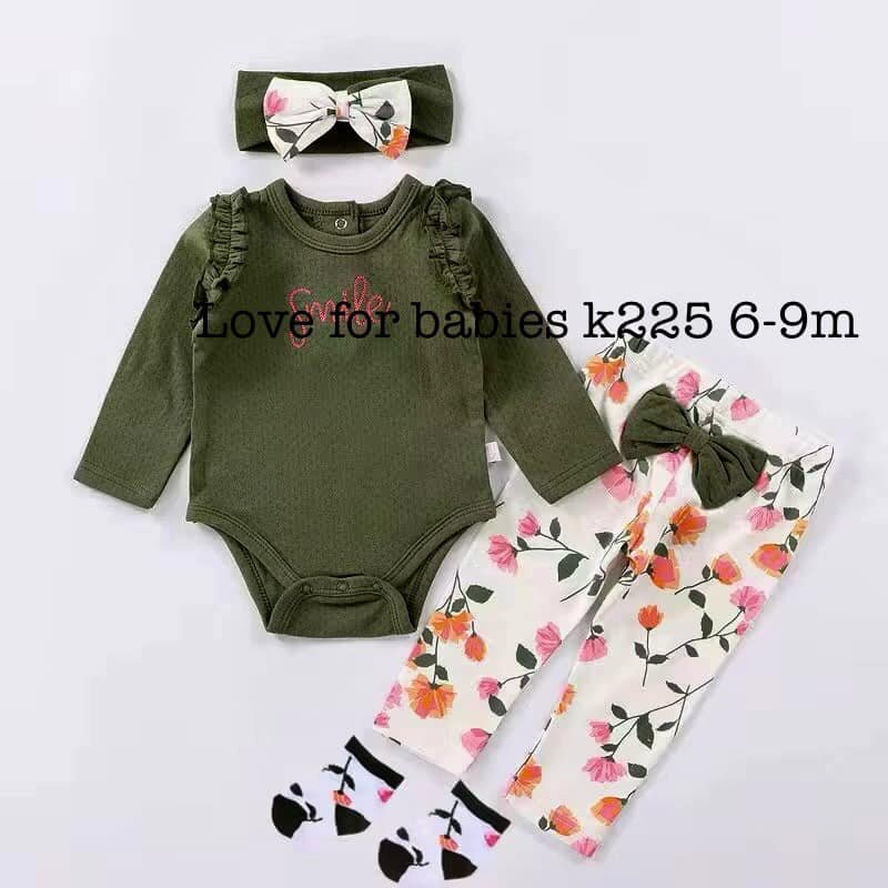 Set of clothes bodysuit + rompers + socks and headband 6-9m, in green tones