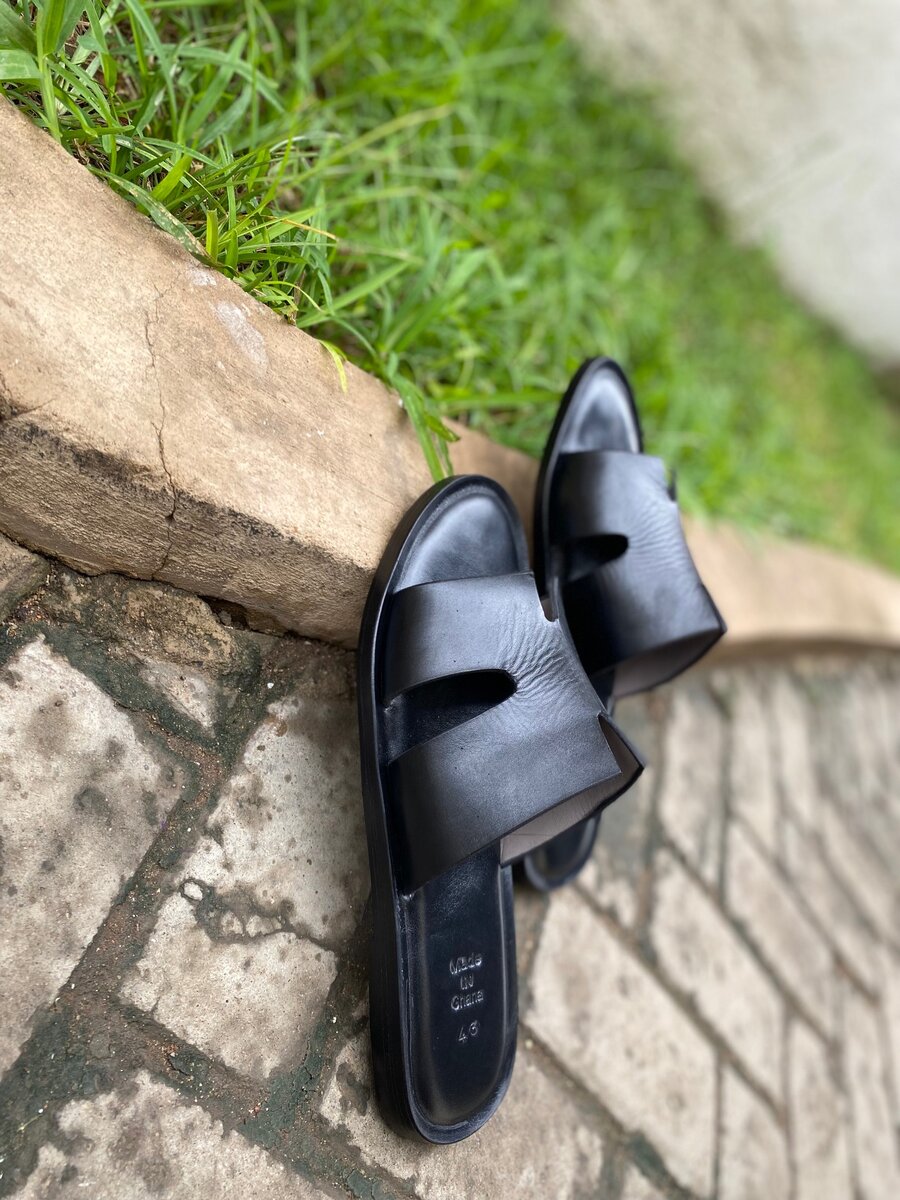 Black leather slides
