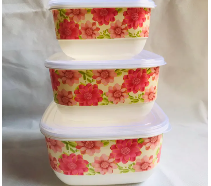 Pack of 3 Bowl Set With Lid Multi-Purpose Flower Design Storage Box