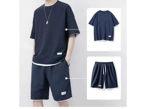 T-shirt short gaufré bleu mari