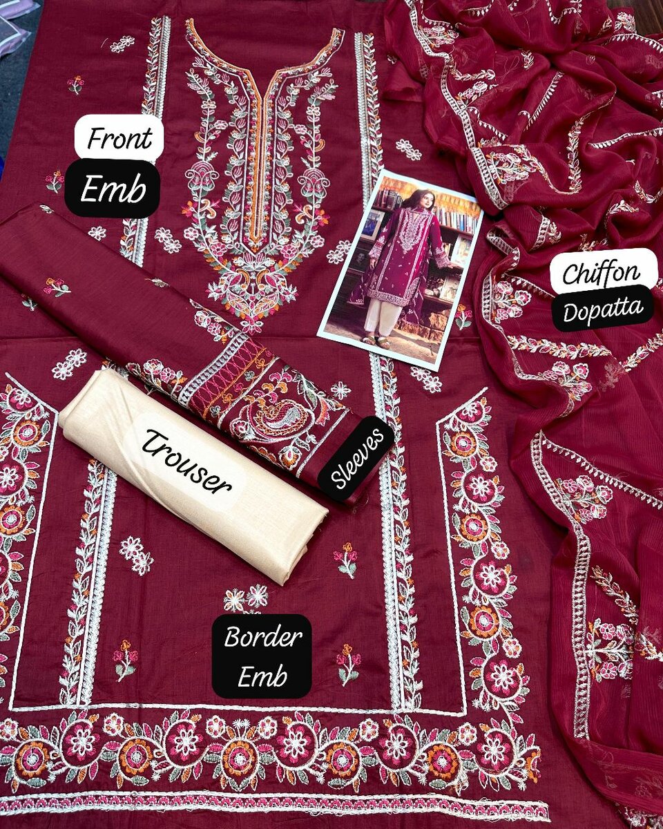 3 pcs women's unstitched Embroidered suit