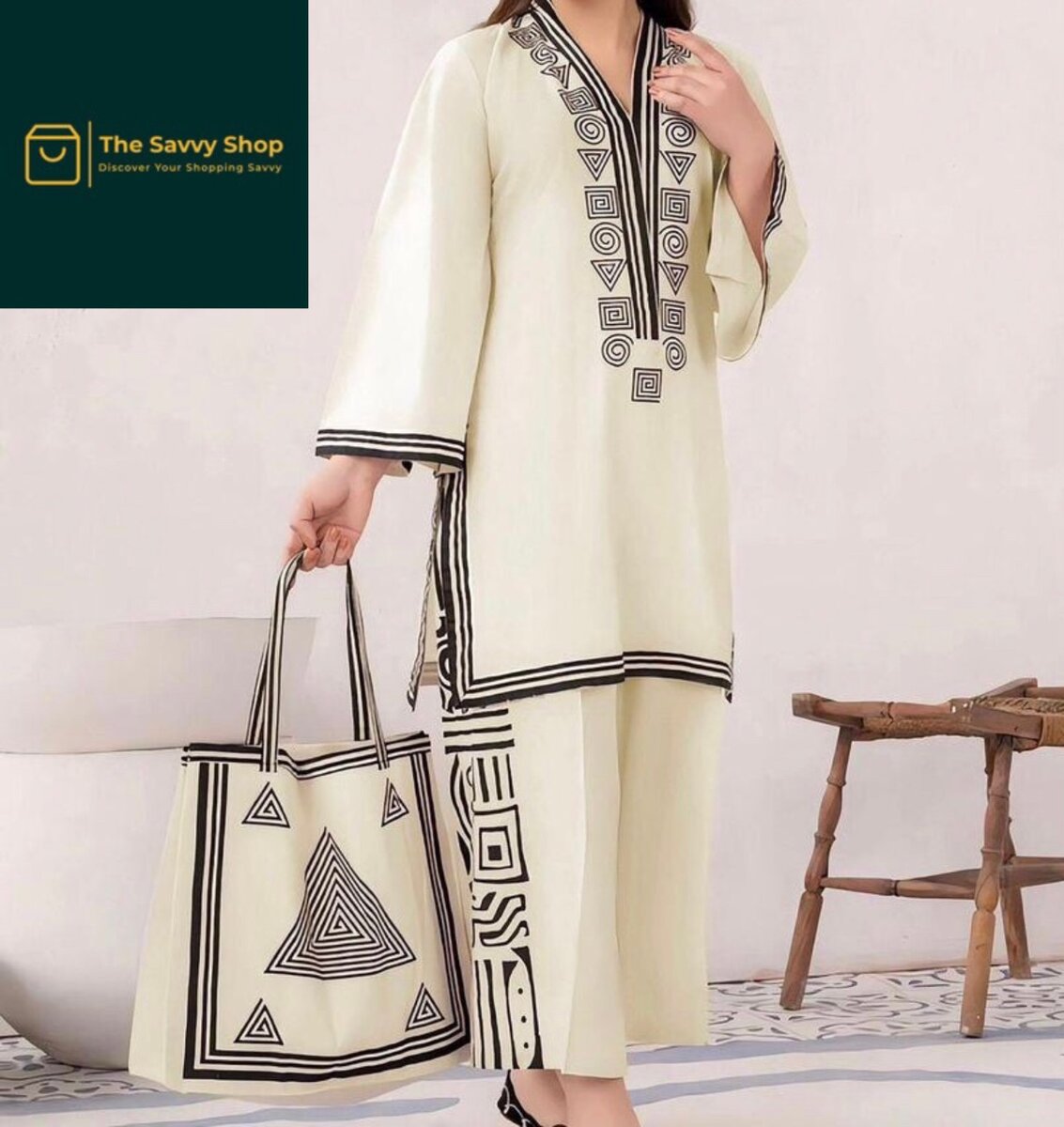 Stitched printed shirt, trouser and bag