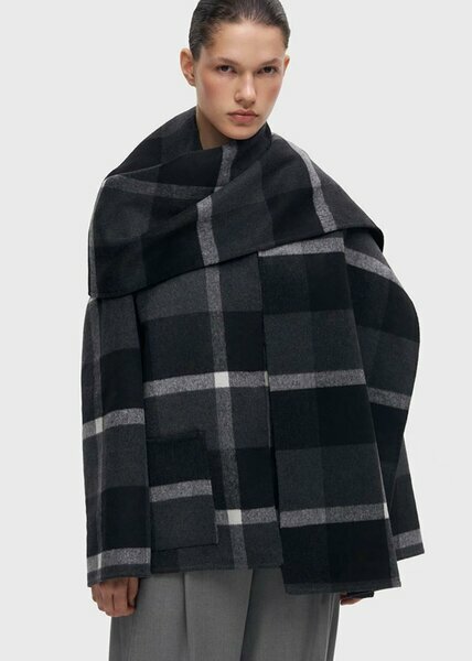 Grey-and-black wool plaid coat for women