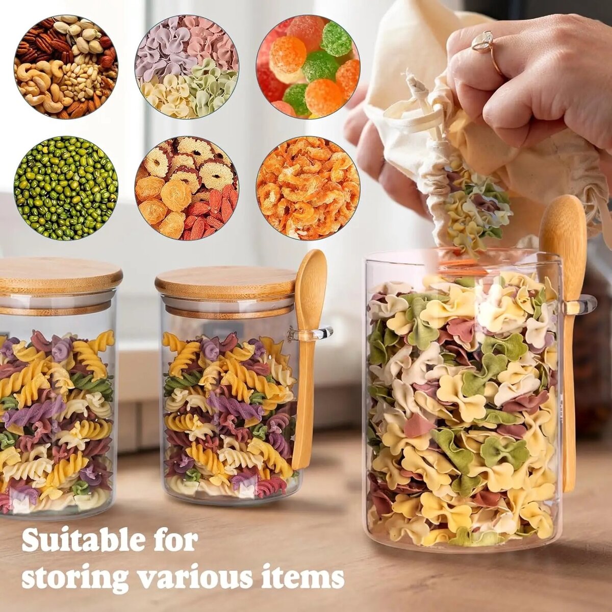 Glass jar with bamboo lid and spoon