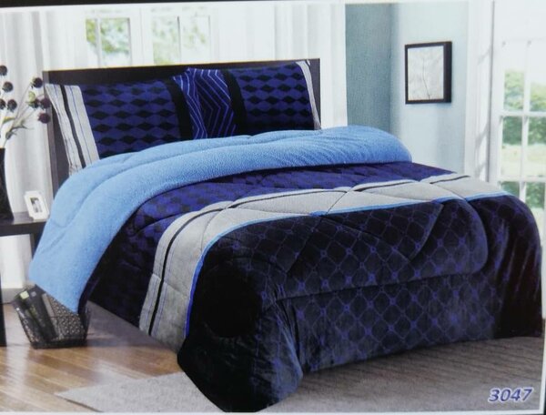 Set fluffy blanket +2 pillowcases, blue, dark blue, stripe print