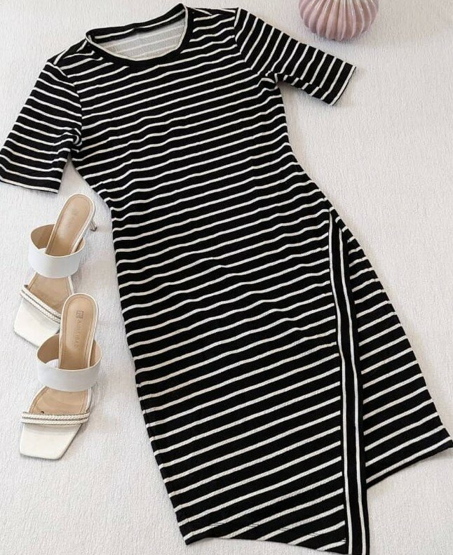 Asymmetrical black and white striped dress