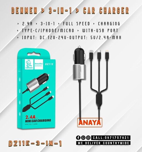 Car Charger 15W 3 In 1 Cable Set Super Fast Charging 12V-24V