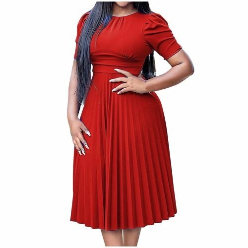 Fashion Women's A-Line Office Ladies Elegant Pleated Dress -