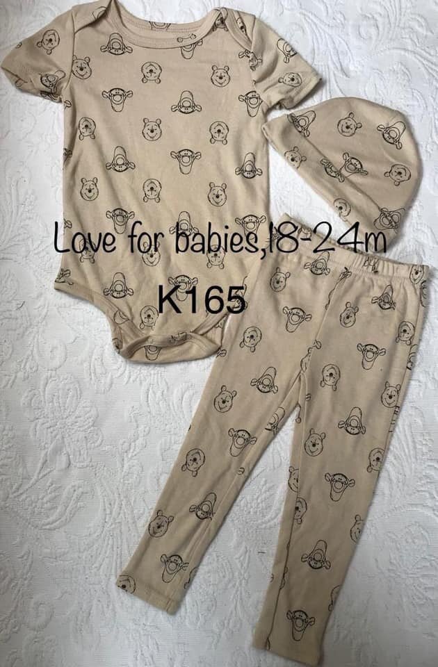 Set of bodysuit, pants, hat, 18-24m, brown with print