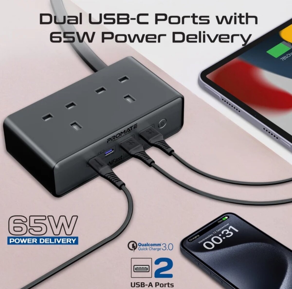 Promate 3250W Compact Power Strip with 2 x AC Socket, 65W