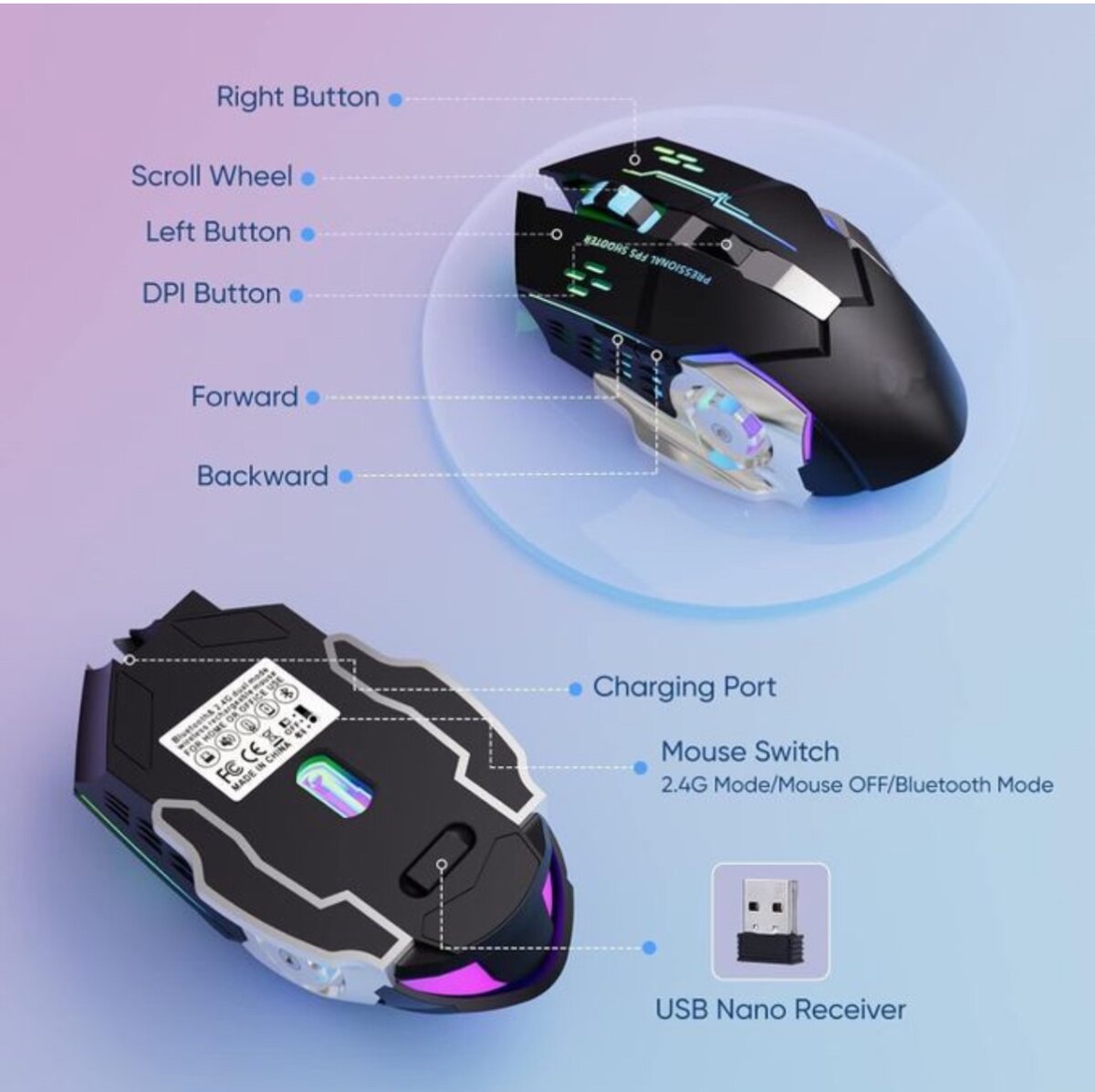 Souris gamer RGB sans fil 2.4G Rechargeable 5.2 silencieuse