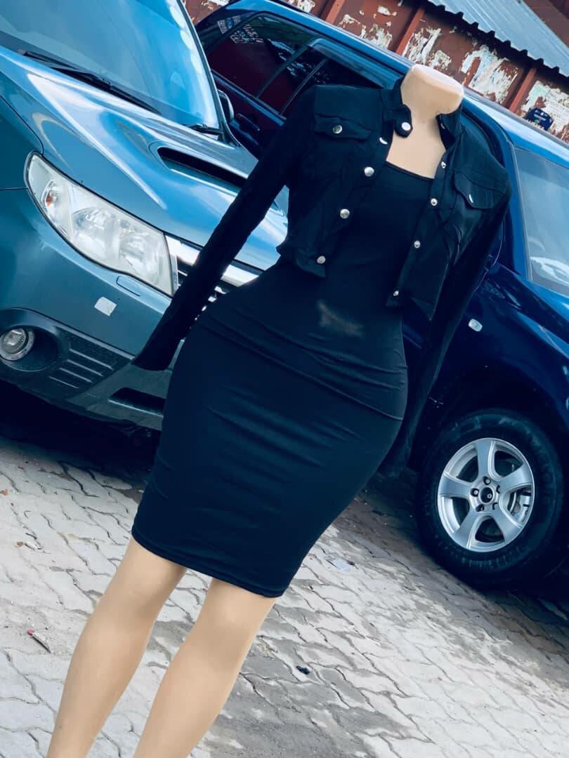 Suit dress black, cropped jacket with buttons