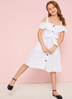 Girls Cold Shoulder Ruffle Trim Belted Shirt Dress ( Fabric Linen) ( Size 5Yrs To 16 Yrs)