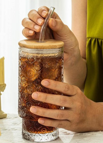  Vintage Style Multipurpose Embossed Design Glass Highball Tumbler with Bamboo Lid and Glass Straw 