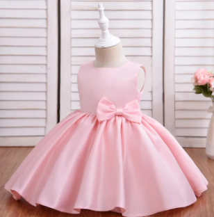 Long Sleeve Big Bow Girl Princess Dress 1 Year Birthday ( Fabric Silk) ( Size 03 Month To 4 Yrs)
