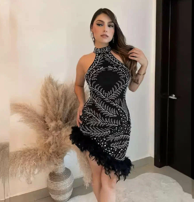 Robe de soirée noire à plumes