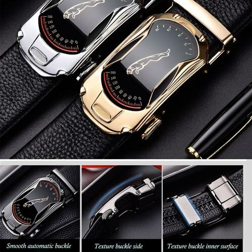 2-Piece Leather Automatic Buckle Belt - Black/Gold