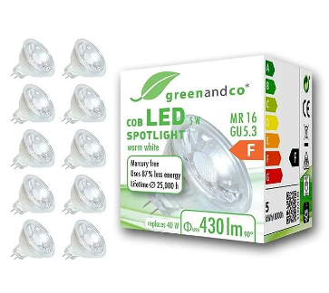 MR16 GU5.3 LED Spot, Pack of 10, 5W, Replaces 40W, 430lm, 3000K, Warm White, 38° Beam Angle, 12V AC, DC, Glass Body, with Protective Glass, Energy Class F