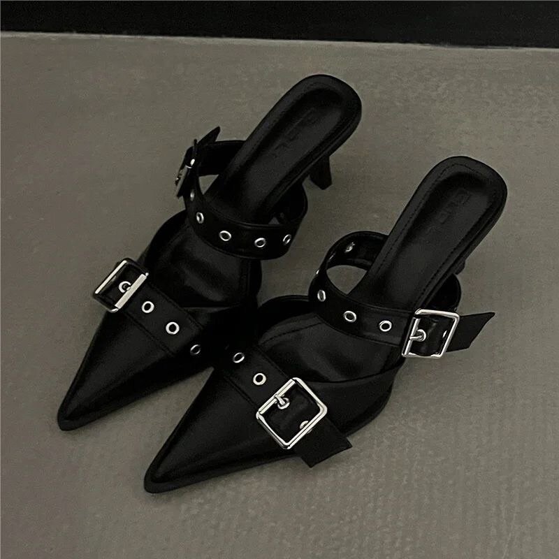 Pointed toe heel sandals with belt buckle detail back