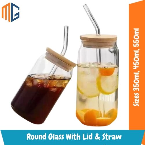 Premium Transparent Can Glass With Straw & Lid 450 & 550ml