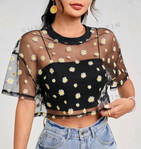 SHEIN Daisy Print Sheer Mesh Top