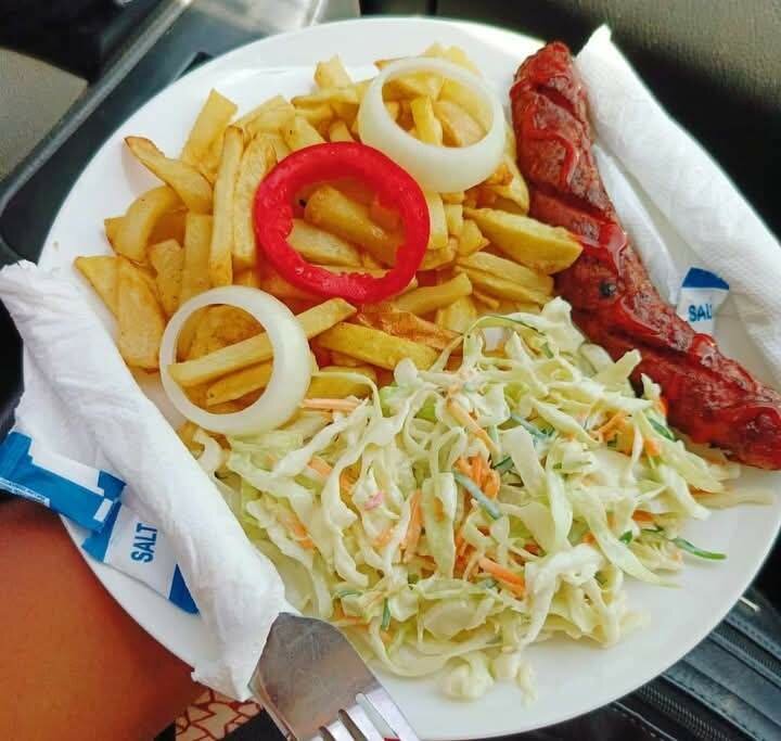 Chicken and chips.  Sausage and chips