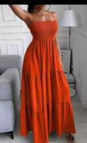 Robe d'été avec élastique, longue, à fines bretelles, orange