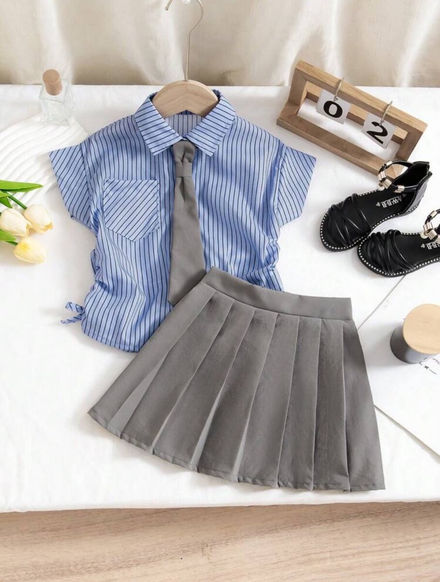 2pcs Girls Shirt With Tie And skirt. 7years