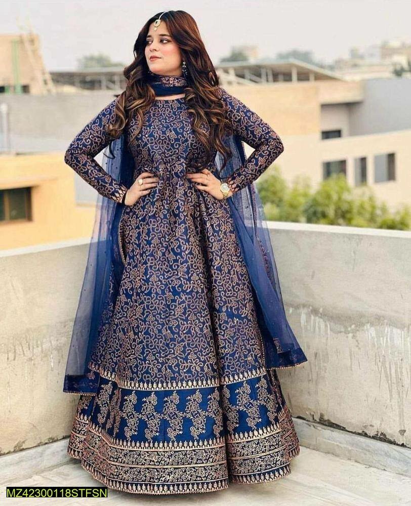 3 pcs women's Stitched katan silk printed maxi