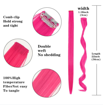 Hair Extensions Clip In Neon Hair Extension Hairpieces Party Highlights Synthetic Halloween Hair Accessories Colored Straight Extension Clip Ins for Kids Girls 22" 1pcs