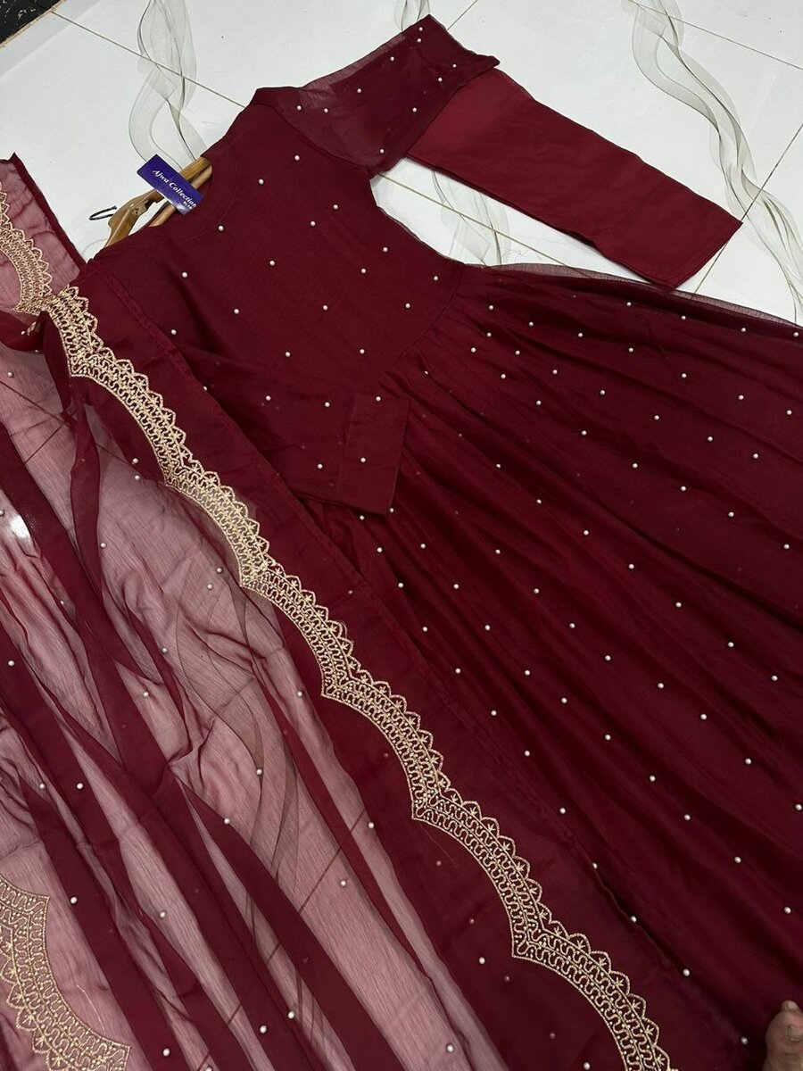 Maxi embroidery with pearl work dupatta  3 pc