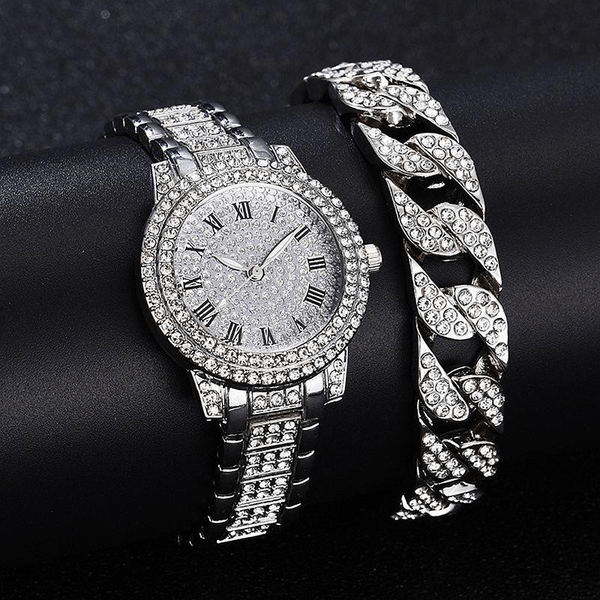 Woman's Diamond Artificial Set - Roman Watch - Silver