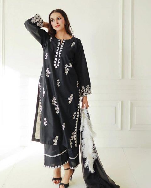 Woman's Stitched 2 Pcs Linen Embroidered Long Length  Shirt