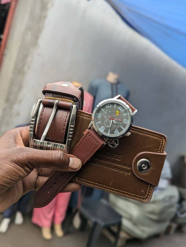 Combo of wallet, belt and watch