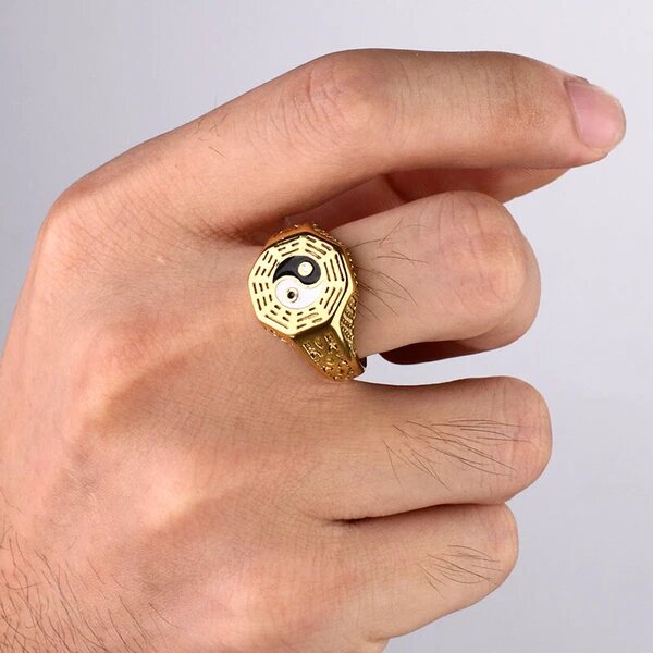 Bague Homme Yin Yang Dorée