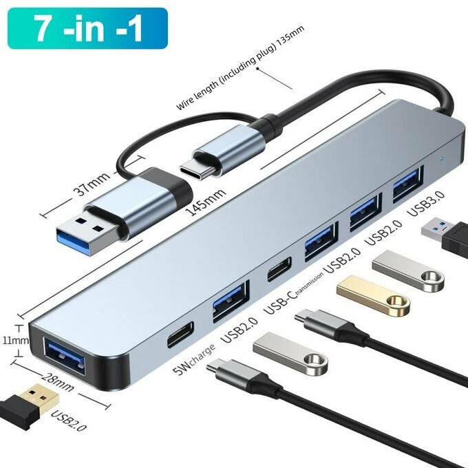 7in1 Multi Ports USB Type C Hub Splitter Adapter Expansion D