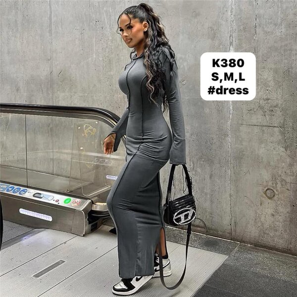 Women's Long Grey Dress with Long Sleeves