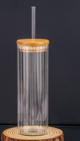 Eco-Friendly Vertical Stripes Borosilicate Glass Tumbler with Bamboo Lid and Glass Straw 