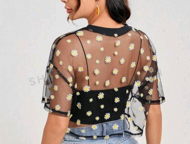 SHEIN Daisy Print Sheer Mesh Top