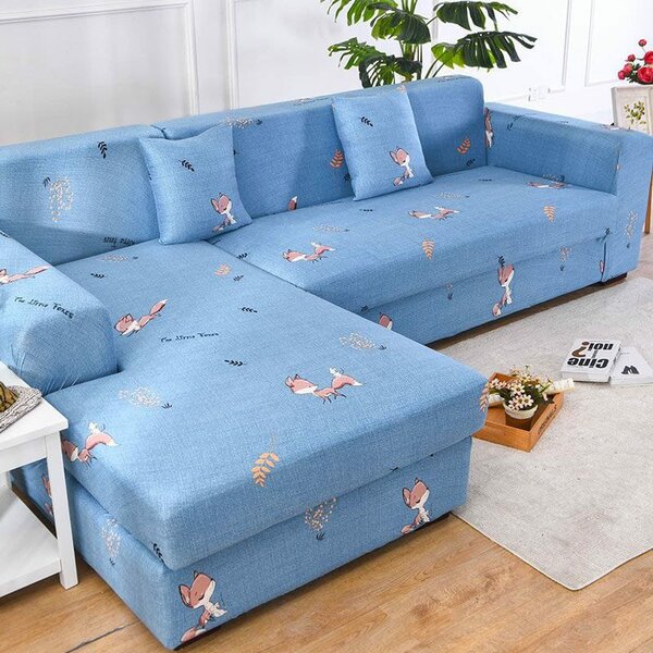 Canapé d'angle bleu motif renard