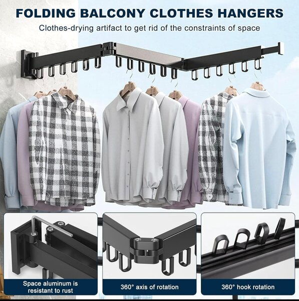 Étendoir à linge mural rétractable avec crochets, solide,