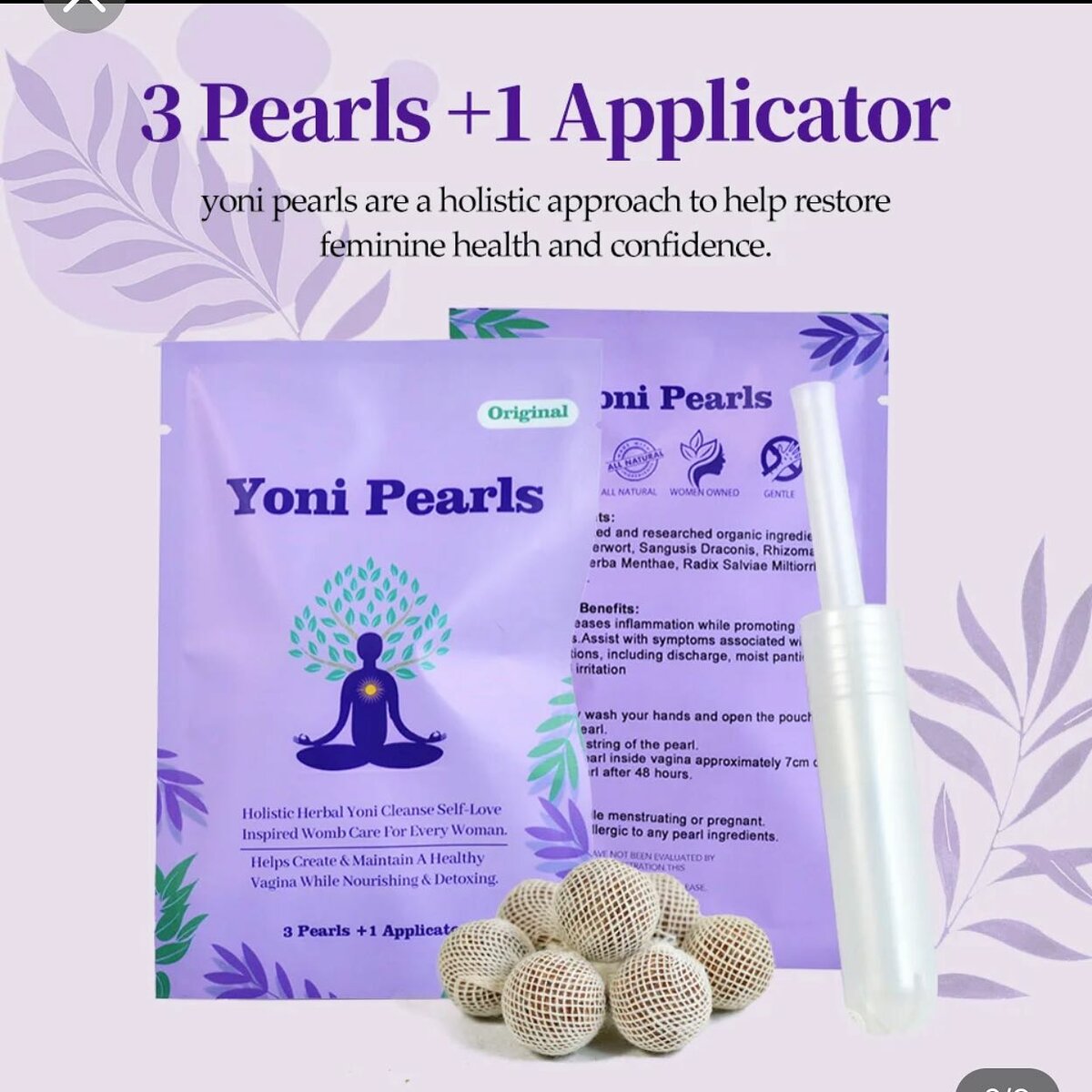 3 Pearls +1 Applicator  yoni pearls are a holistic approach to help restore feminine health and confidence. 