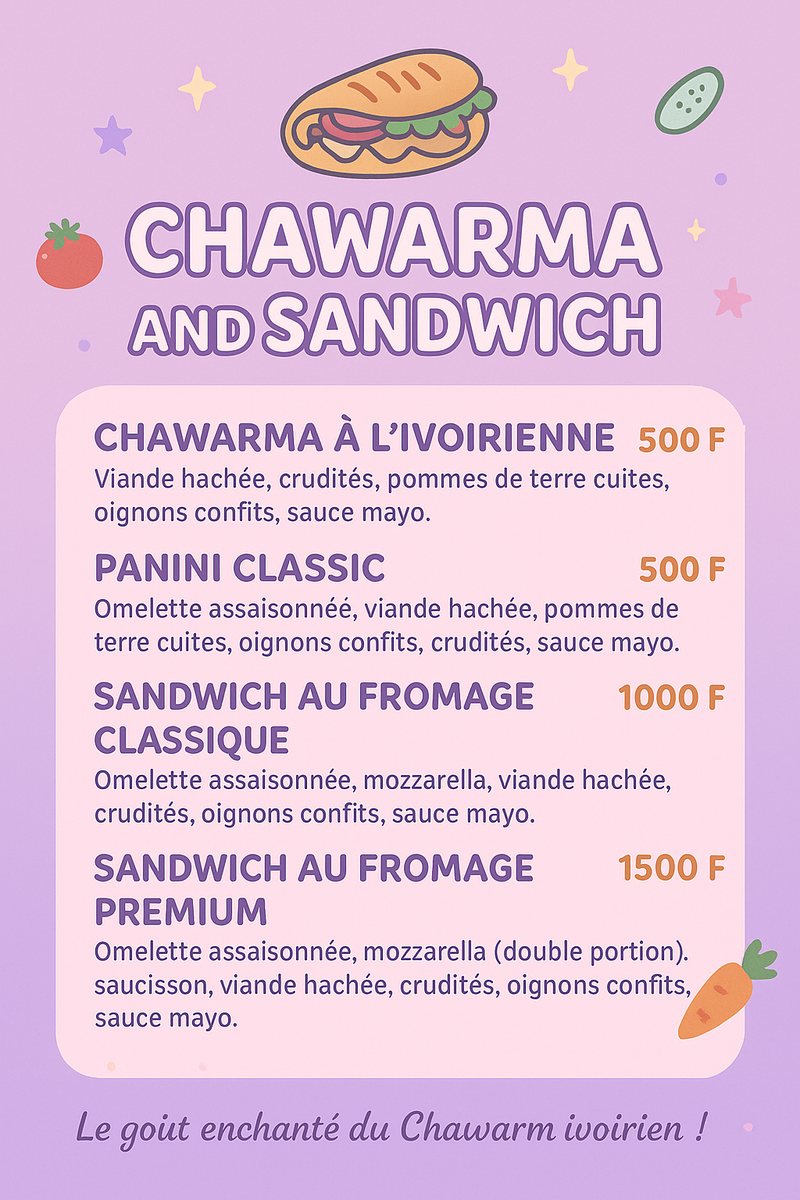 Menu de Sandwichs Variés