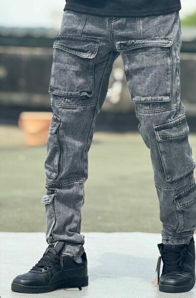 Pantalon cargo en denim gris