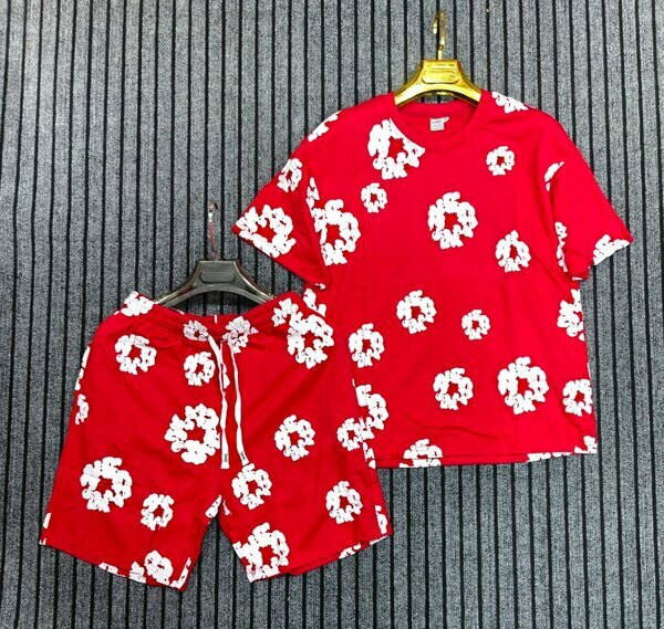 Ensemble homme rouge fleurs blanches