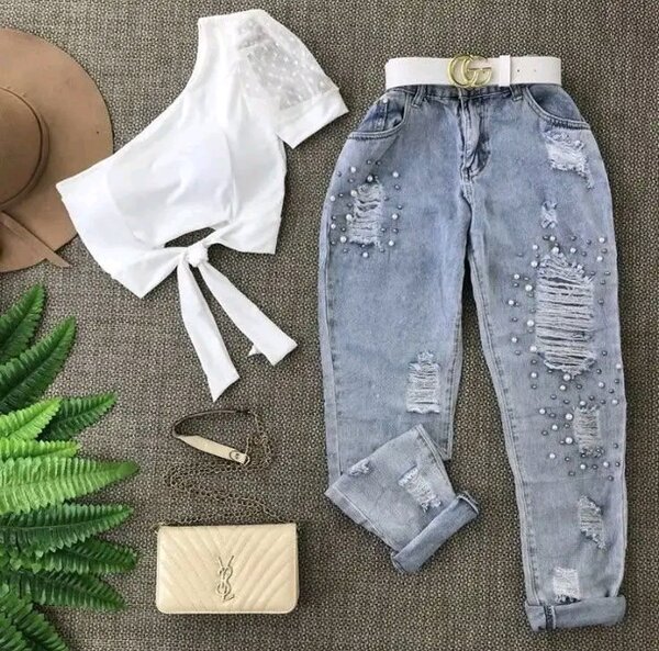 Jean déchiré à perles mode
