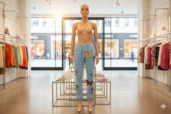 Pantalon bleu papillon femme