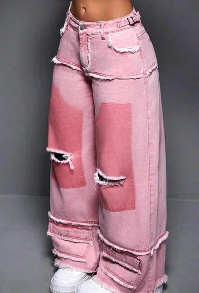 Jeans larges roses déchirés