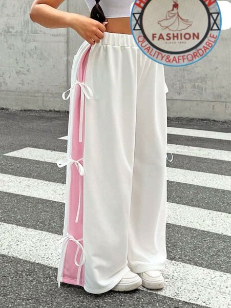 Pantalon large blanc et rose